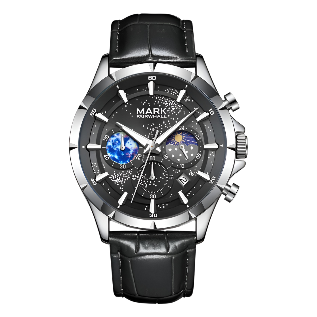 Black wristwatch with detailed face on a white background
