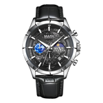 Black wristwatch with detailed face on a white background
