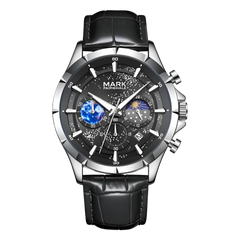 Black wristwatch with detailed face on a white background
