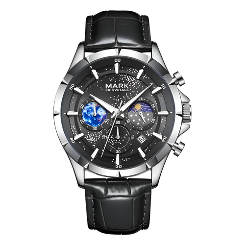 Black wristwatch with detailed face on a white background