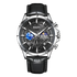 Black wristwatch with detailed face on a white background