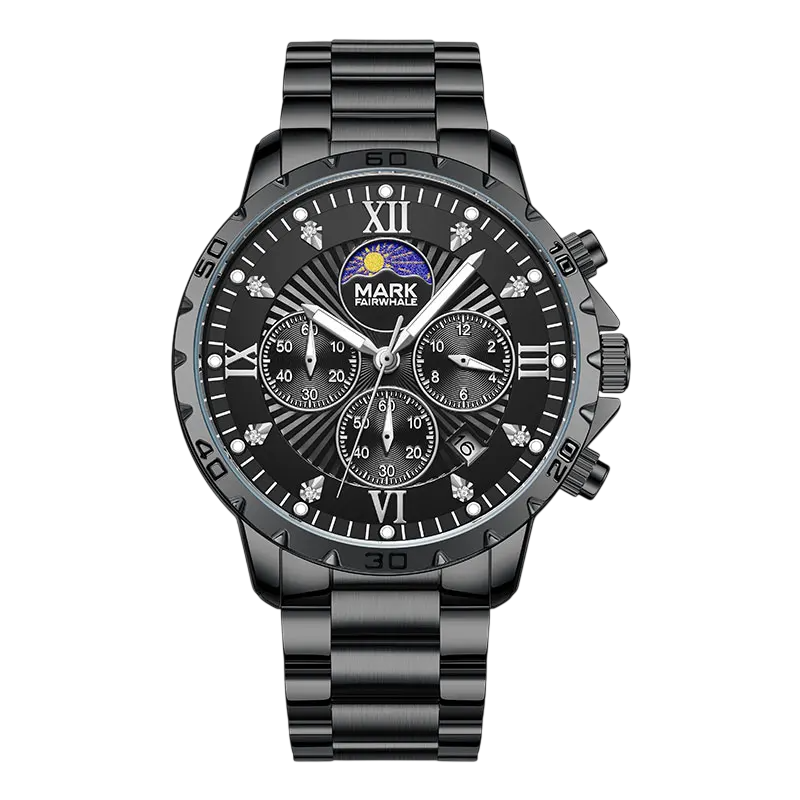 Black wristwatch with detailed face on a white background