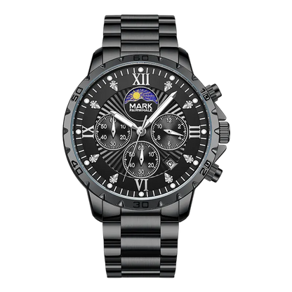 Black wristwatch with detailed face on a white background