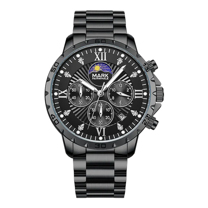 Black wristwatch with detailed face on a white background