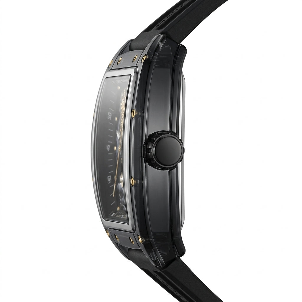 Black wristwatch with a detailed face on a white background