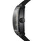 Black wristwatch with a detailed face on a white background