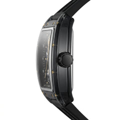 Black wristwatch with a detailed face on a white background