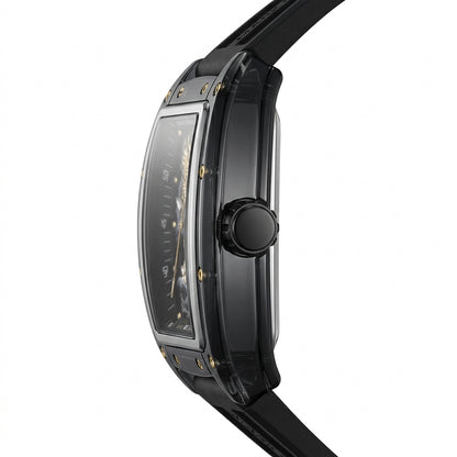 Black wristwatch with a detailed face on a white background