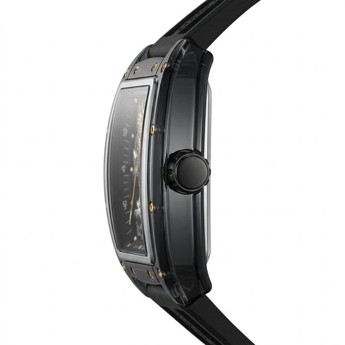 Black wristwatch with a detailed face on a white background