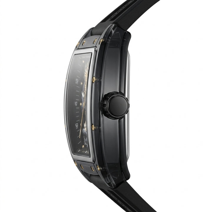 Black wristwatch with a detailed face on a white background
