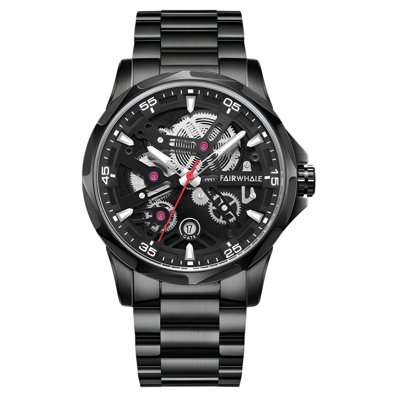 Black wristwatch with visible brand name on a white background