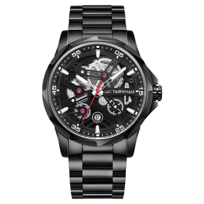 Black wristwatch with visible brand name on a white background