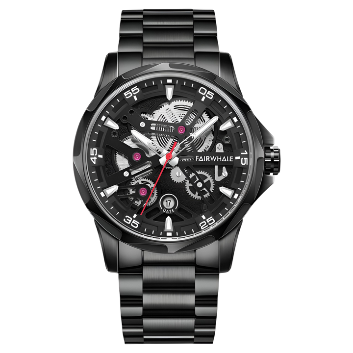 Black wristwatch with visible brand name on a white background