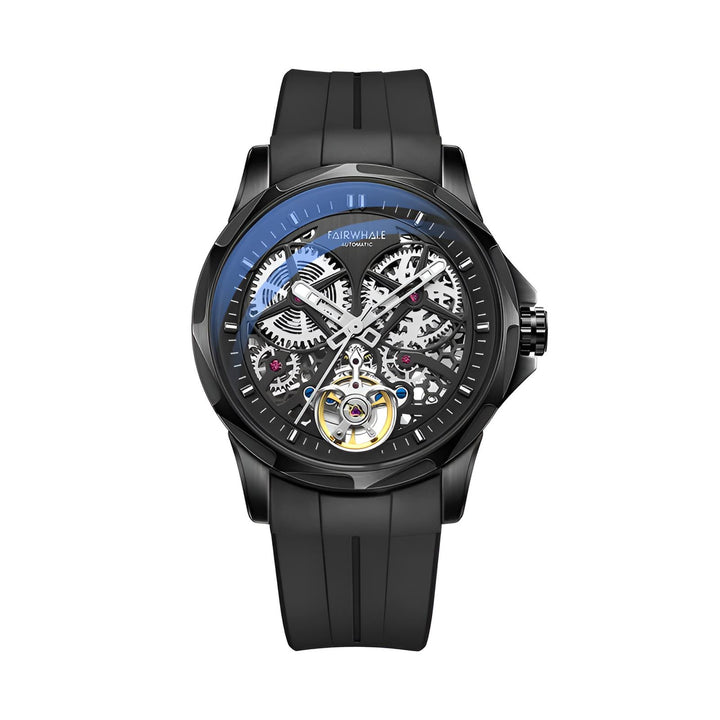 Black wristwatch with visible mechanical components on a white background