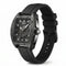 Black wristwatch with detailed face on a white background