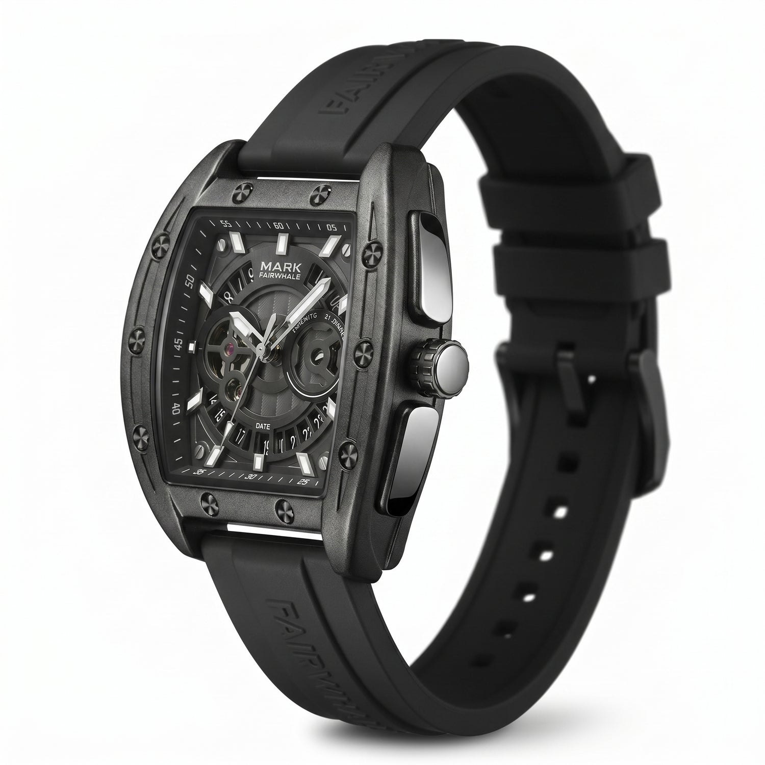 Black wristwatch with detailed face on a white background
