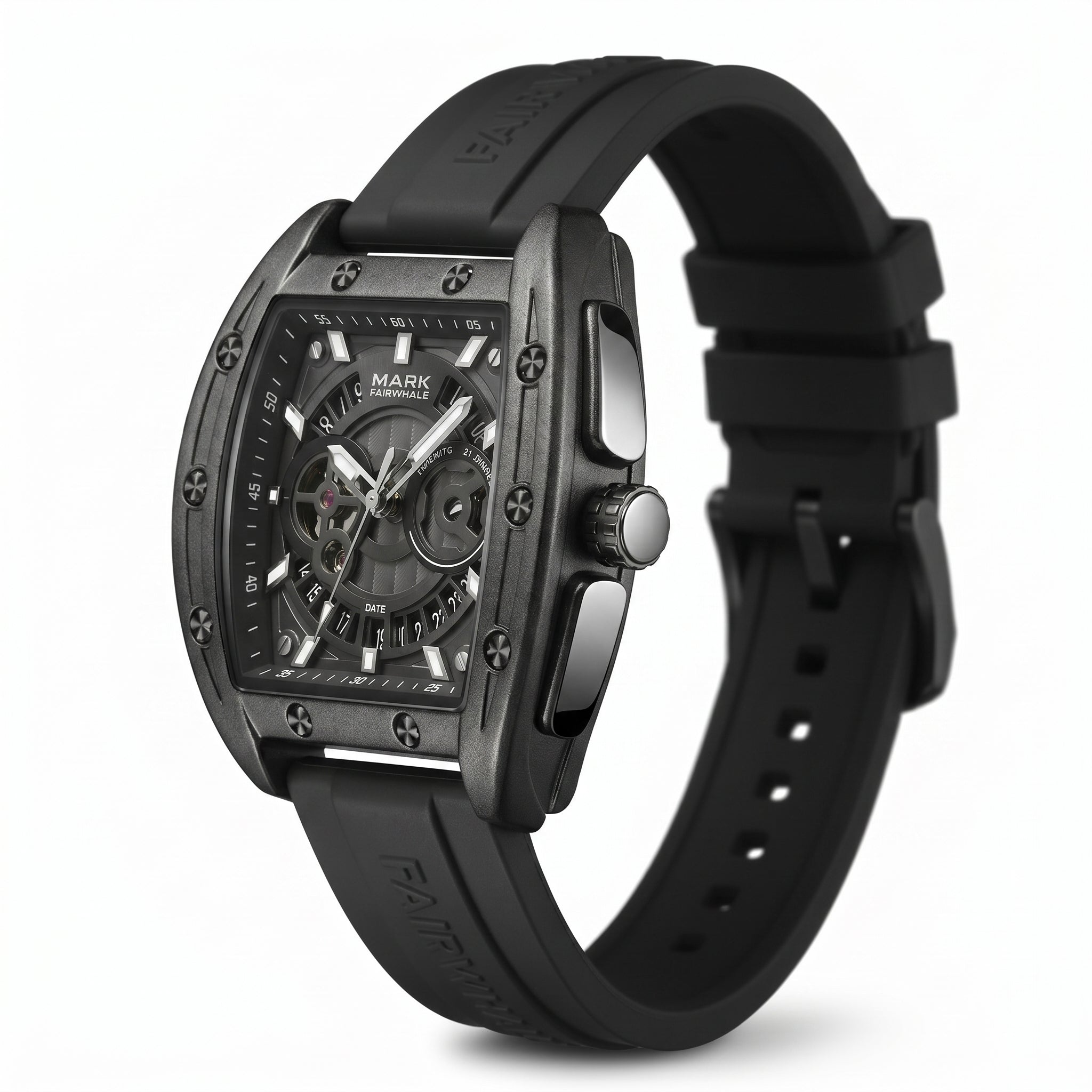 Black wristwatch with detailed face on a white background