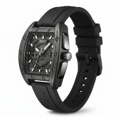 Black wristwatch with detailed face on a white background