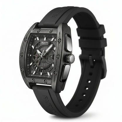 Black wristwatch with detailed face on a white background