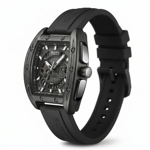 Black wristwatch with detailed face on a white background