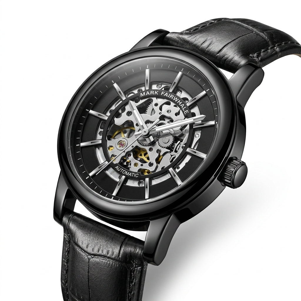 Black wristwatch with visible mechanical components on a white background