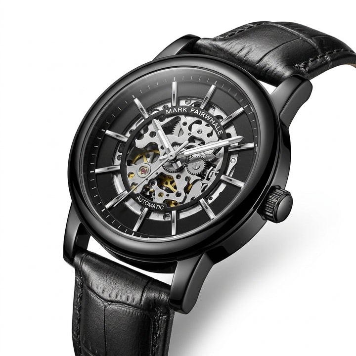 Black wristwatch with visible mechanical components on a white background