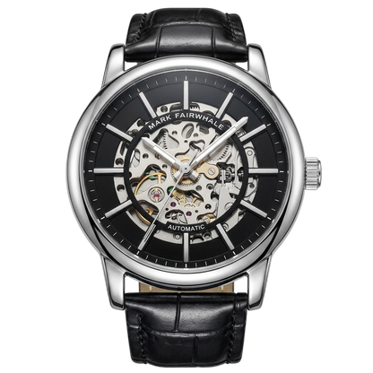 Black wristwatch with visible mechanical components on a white background