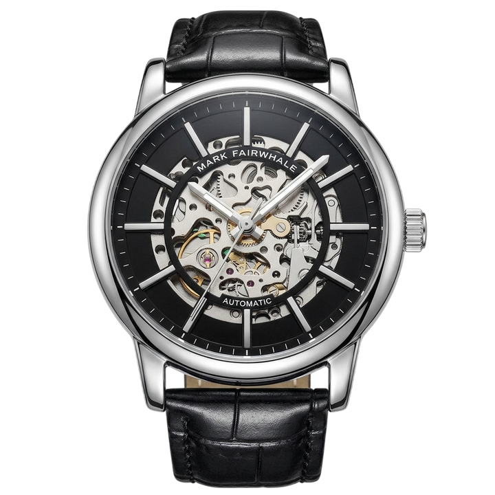 Black wristwatch with visible mechanical components on a white background