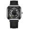 Black wristwatch with a transparent face on a white background