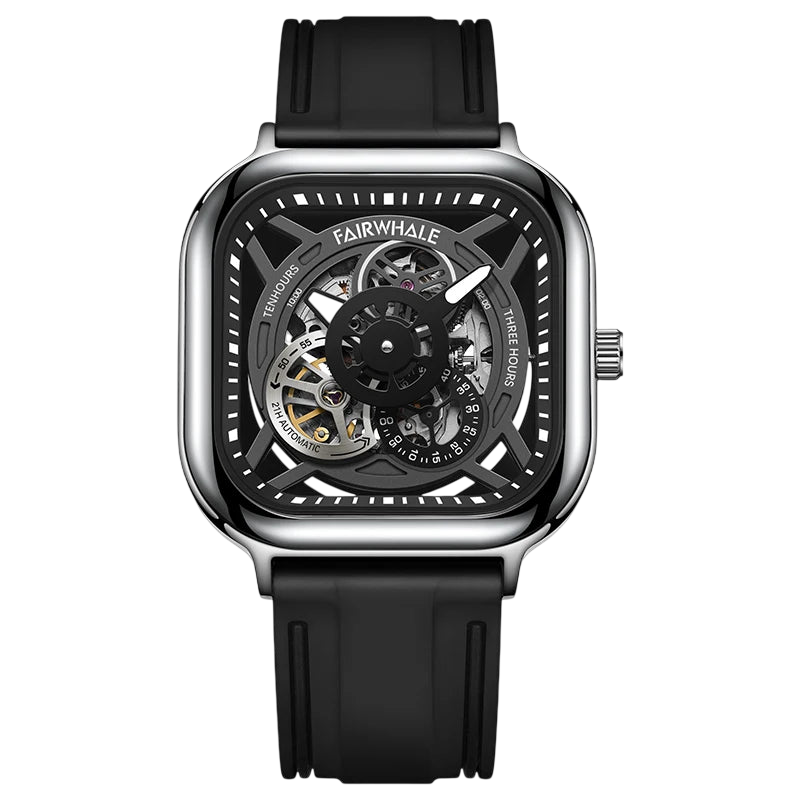 Black wristwatch with a transparent face on a white background