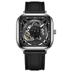 Black wristwatch with a transparent face on a white background