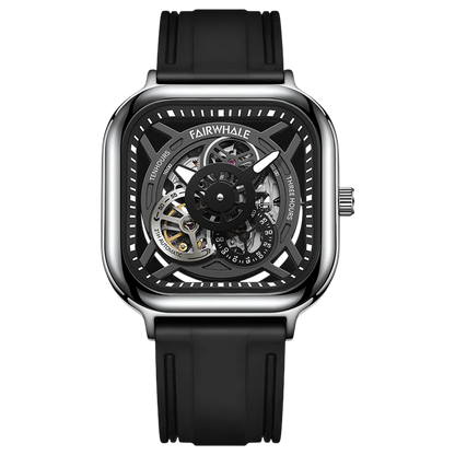 Black wristwatch with a transparent face on a white background