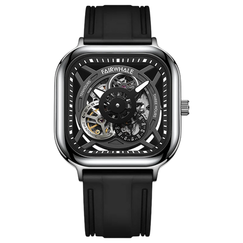 Black wristwatch with a transparent face on a white background