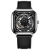 Black wristwatch with a transparent face on a white background