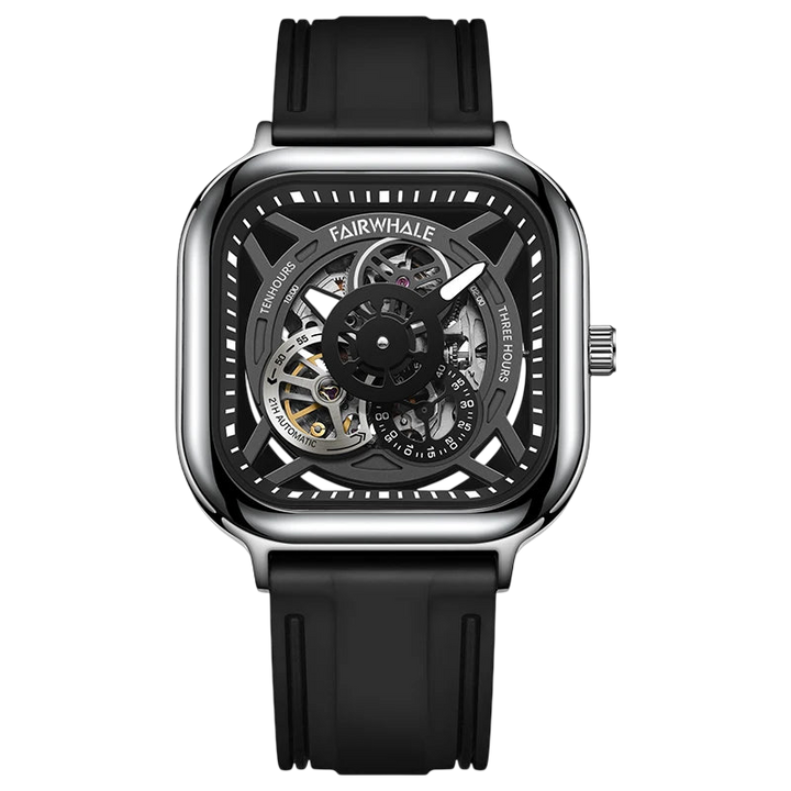 Black wristwatch with a transparent face on a white background