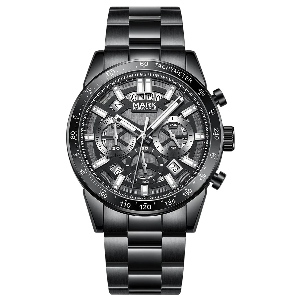 Black wristwatch with detailed face on a white background