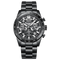 Black wristwatch with detailed face on a white background