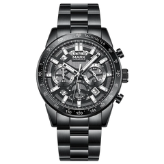 Black wristwatch with detailed face on a white background