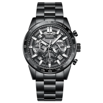 Black wristwatch with detailed face on a white background