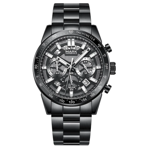 Black wristwatch with detailed face on a white background