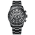 Black wristwatch with detailed face on a white background