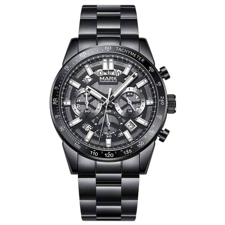 Black wristwatch with detailed face on a white background