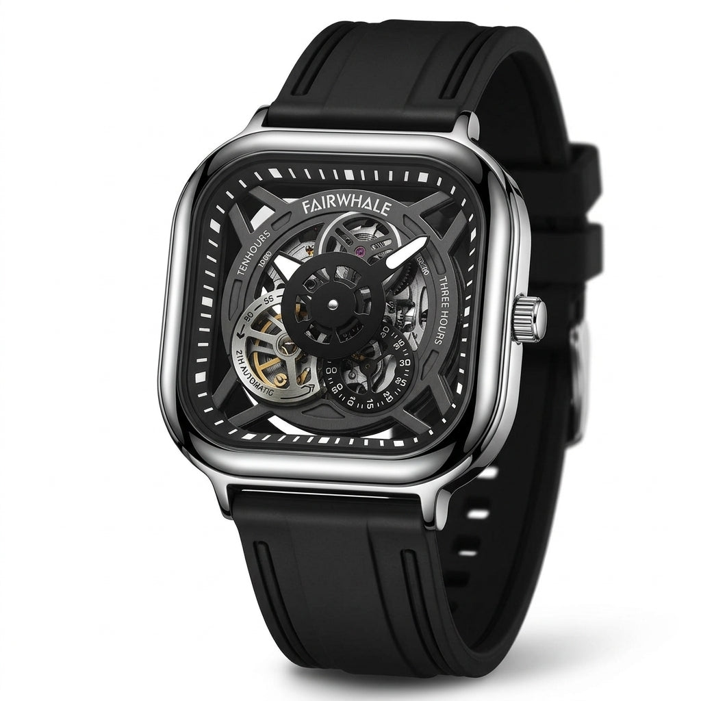 Black wristwatch with a transparent face on a white background
