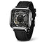 Black wristwatch with a transparent face on a white background