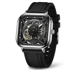 Black wristwatch with a transparent face on a white background