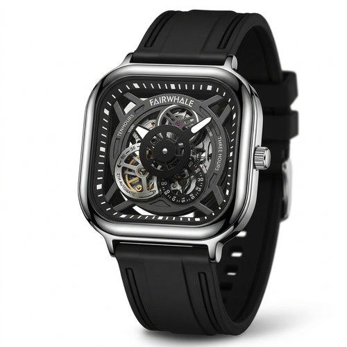 Black wristwatch with a transparent face on a white background