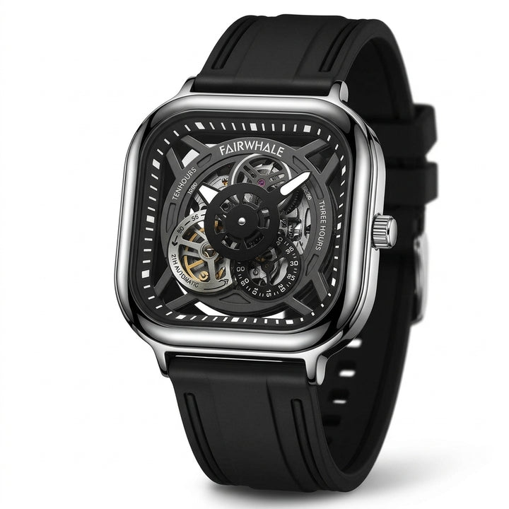 Black wristwatch with a transparent face on a white background