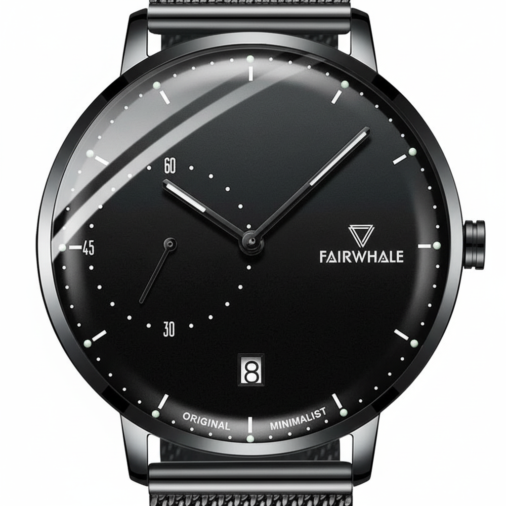 Black wristwatch with 'FAIRWHALE' brand on a white background