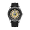 Black wristwatch with a detailed face on a white background