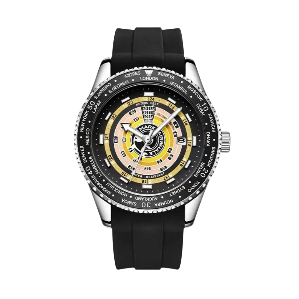 Black wristwatch with a detailed face on a white background